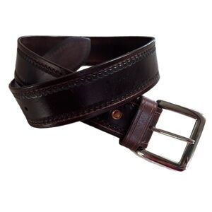 Full Grain Hand Tooled Dark Brown Leather Belt Women's sz 24-28 Brass Buckle